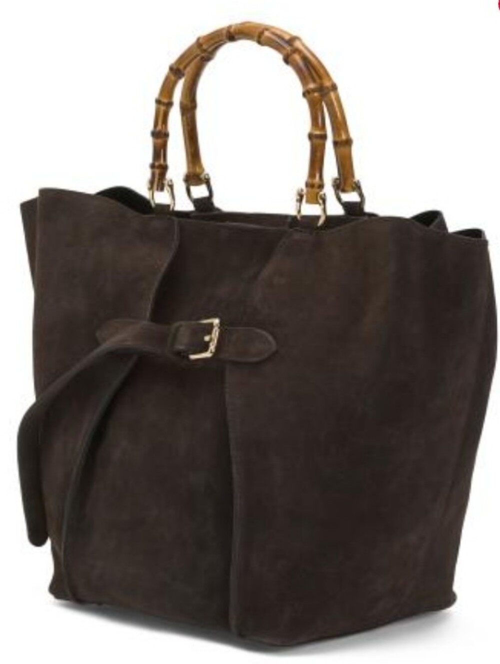 Chocolate Suede Tote with Bamboo-Style Handles